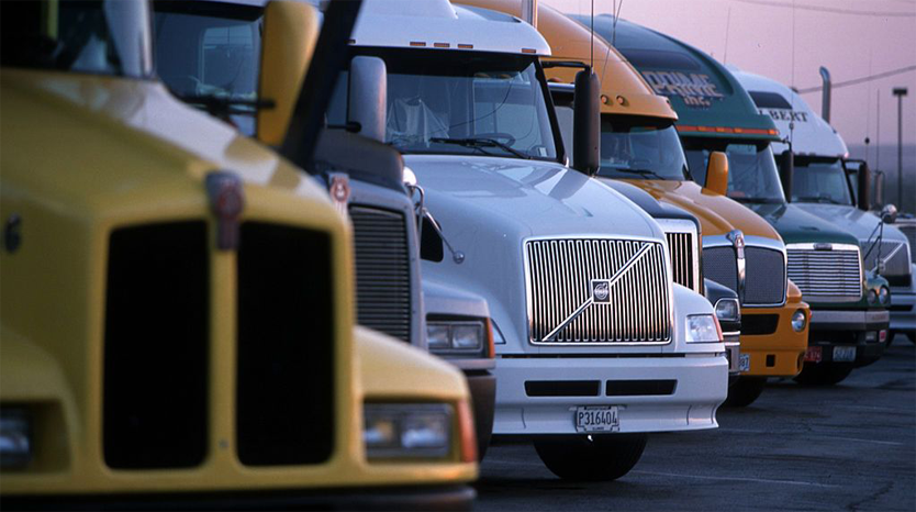 A row of parked trucks on the side of road.